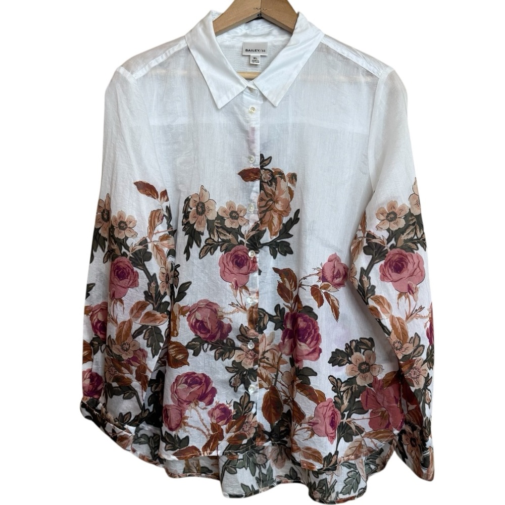 Bailey 44 White Sheer Floral Long Sleeve Button Down Blouse Collar size XL